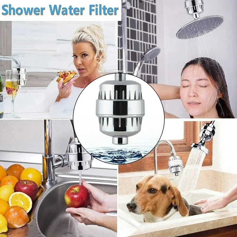 The AquaPure filter shown fitted to a shower arm, a kitchen tap and a utility sink
